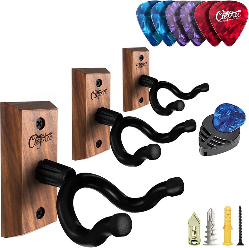 ClefArc Guitar Wall Mount - 3 Pack Black Walnut Guitar Wall Hangers, U-Shape Hardwood Guitar Hanger, Guitar Gifts for Men Women Guitarists, Guitar Accessories, with 6 Assorted Guitar Picks - Image 1